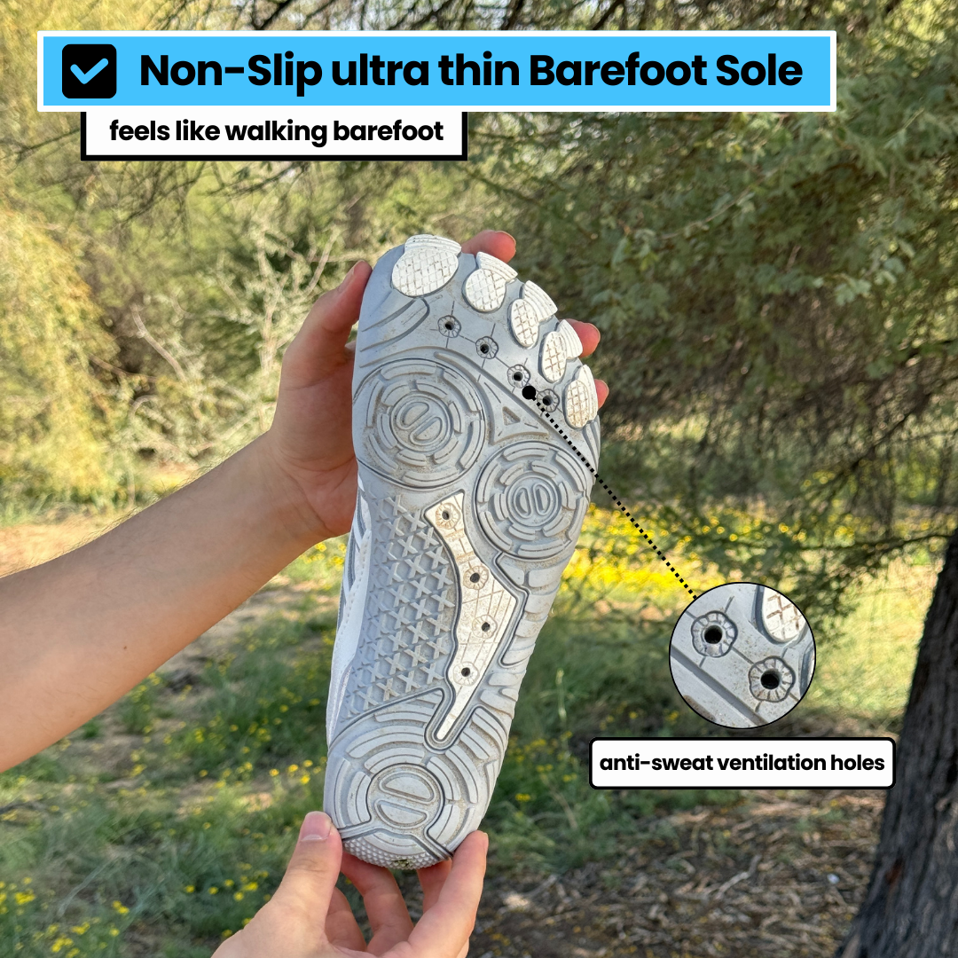 Close-up of the wide toe box on women's flexible barefoot walking shoes.