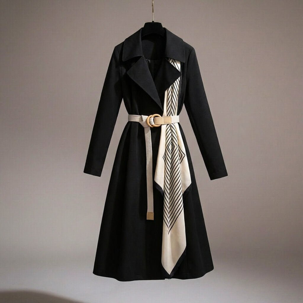 Women's lightweight belted trench coat with elegant scarf detail. Versatile outerwear for formal & casual style.