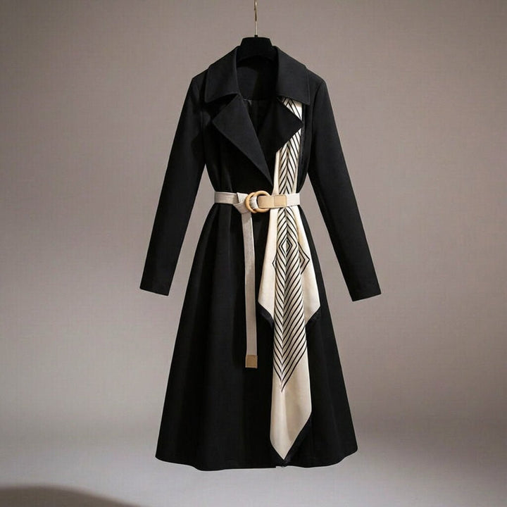 Women's lightweight belted trench coat with elegant scarf detail. Versatile outerwear for formal & casual style.