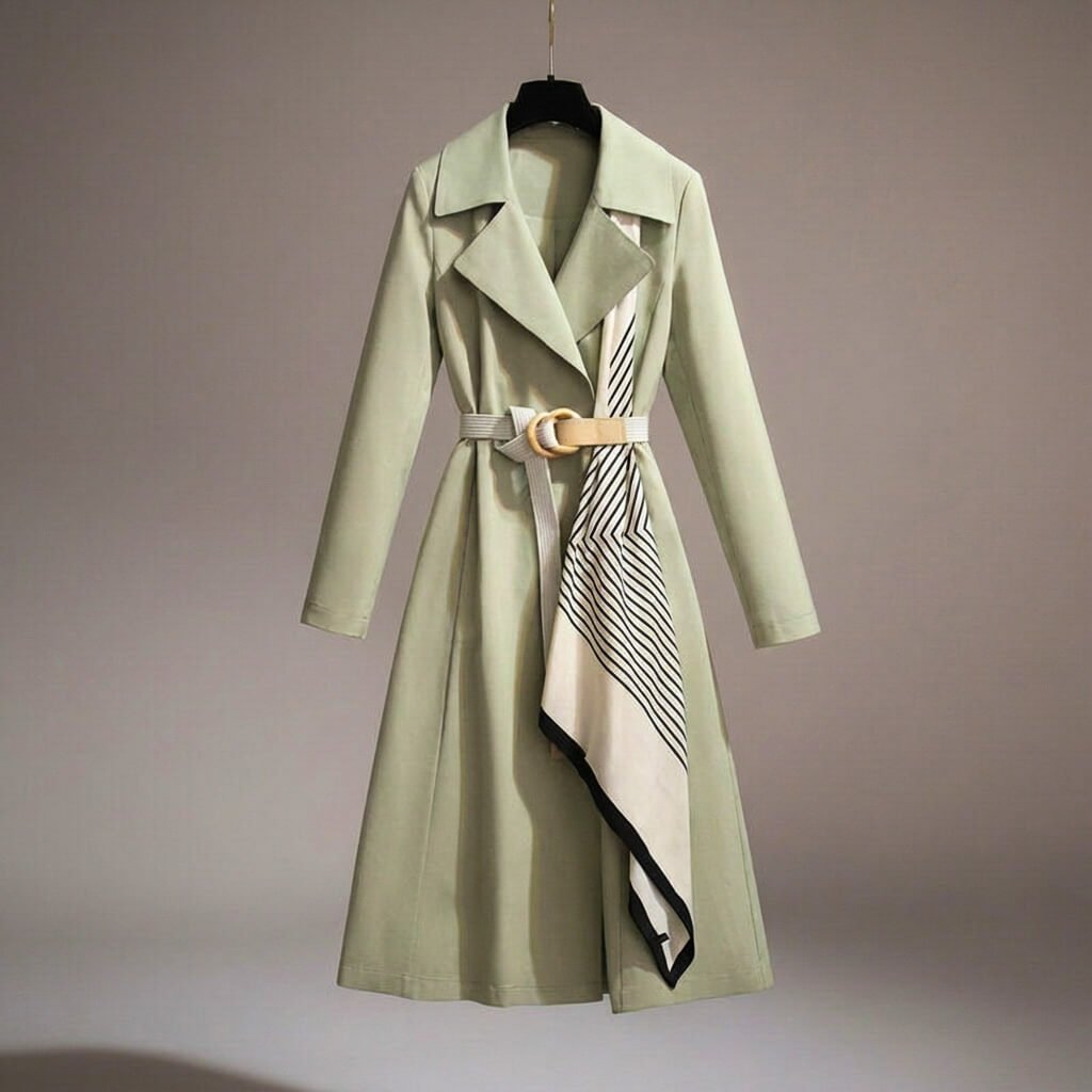 Back view of women's lightweight belted trench coat. Sleek design, versatile for both formal & casual wear.