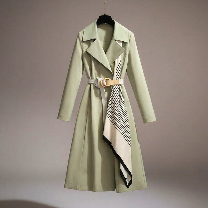 Back view of women's lightweight belted trench coat. Sleek design, versatile for both formal & casual wear.