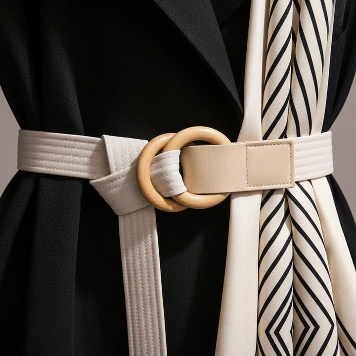 Classic women's belted trench coat with unique scarf detail. Elegant, lightweight outer jacket for versatile styling.