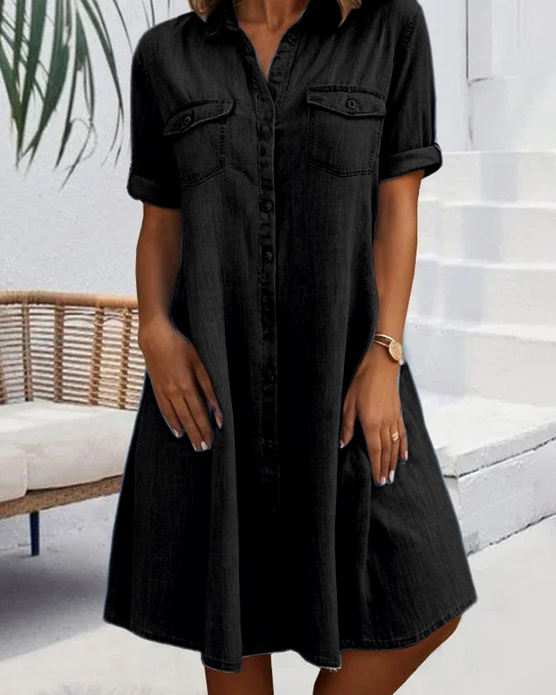 Comfortable women's button-down denim style dress, versatile for everyday wear.