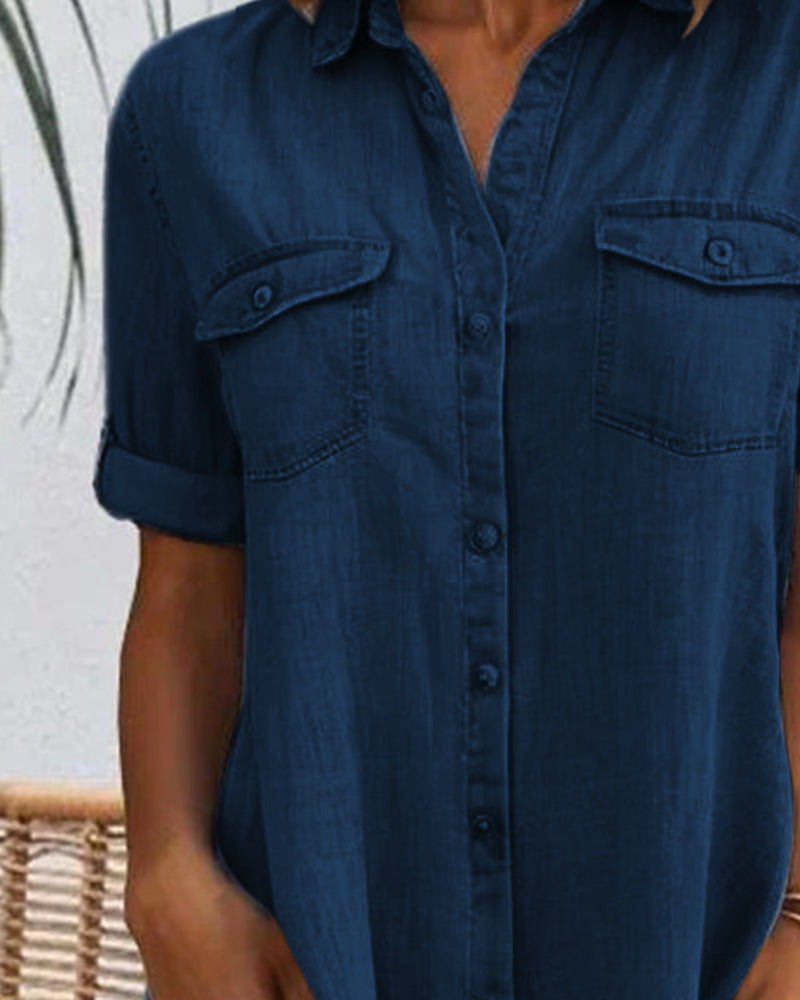 Soft women's chambray dress, a comfortable and casual denim-look shirt style.