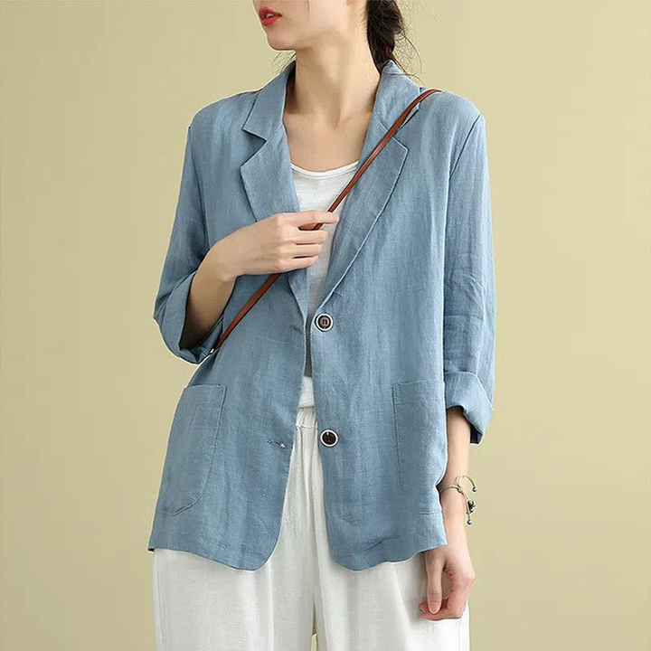 Women's lightweight linen blazer, tailored fit with pockets. Perfect for smart casual & office attire.