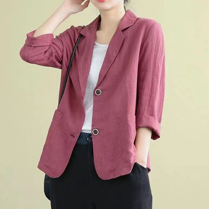 Modern women's lightweight linen jacket. Tailored blazer with pockets for comfortable everyday style & spring outerwear.