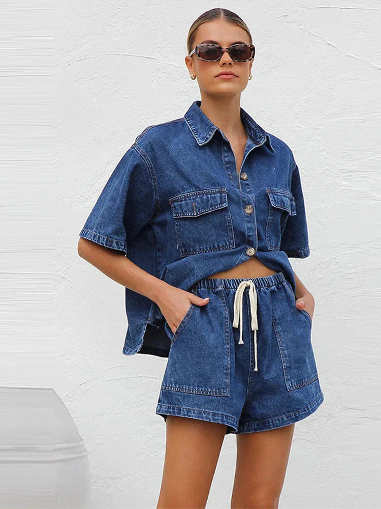 Close-up of the women's denim two-piece set fabric, showing lightweight organic cotton texture