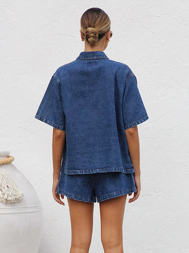 Back view of women's denim two-piece shorts set, highlighting its comfortable and casual design