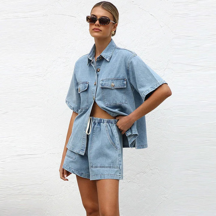 Front view of the women's lightweight denim two-piece set, featuring a relaxed summer fit