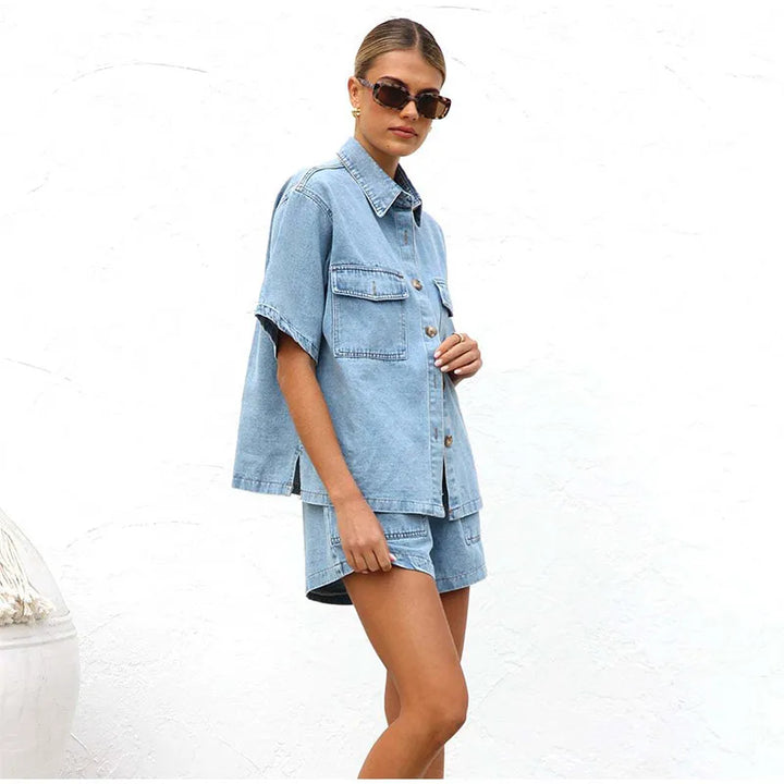 Detail shot of the buttons on the women's denim two-piece top, adding to the casual style