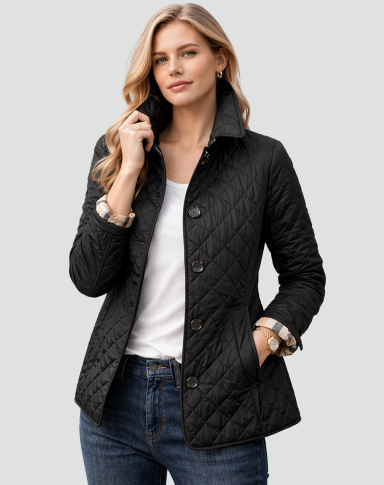 Women's lightweight quilted jacket with structured collar & button front. Perfect casual fall/spring outerwear.