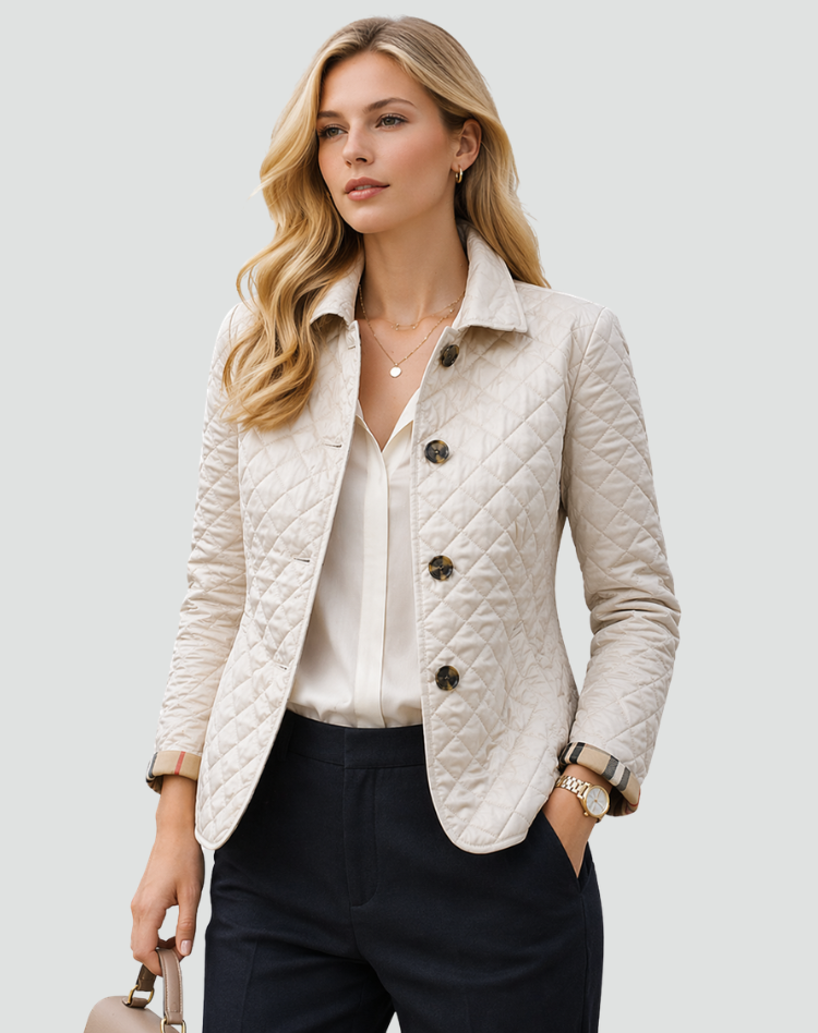 Close-up of women's quilted jacket featuring a stylish structured collar & classic button front closure.