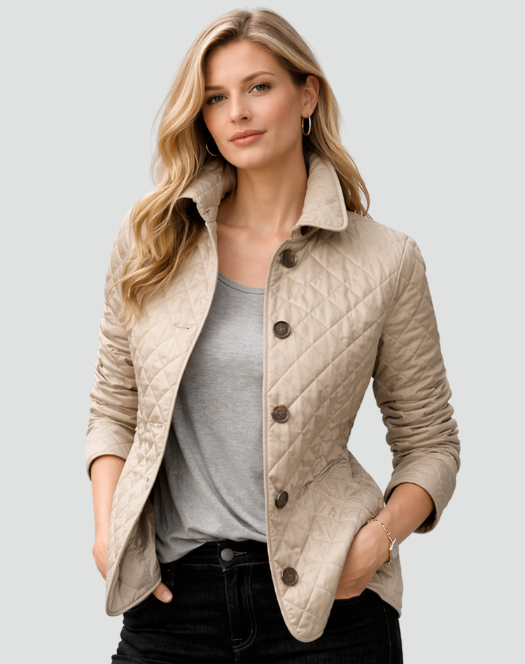Woman wearing a versatile lightweight quilted jacket for everyday casual comfort & polished spring/fall style.
