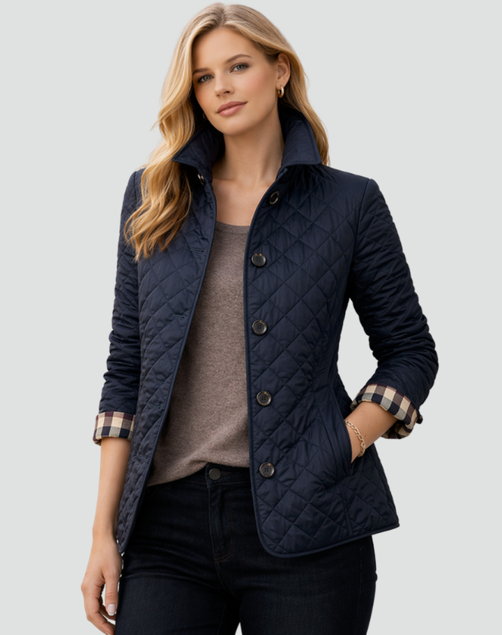 Textured view of a women's lightweight quilted jacket, showcasing its unique pattern for stylish fall fashion.