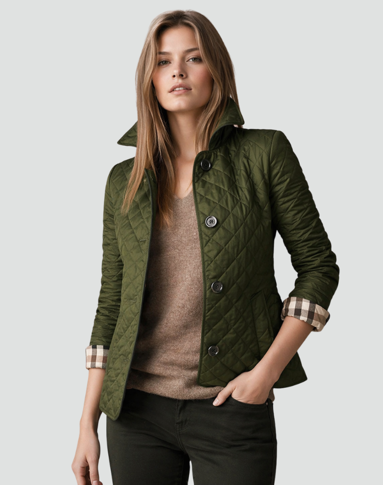 Polished women's quilted jacket, a lightweight everyday outerwear piece blending comfort with tailored fall style.