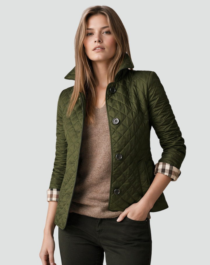 Polished women's quilted jacket, a lightweight everyday outerwear piece blending comfort with tailored fall style.
