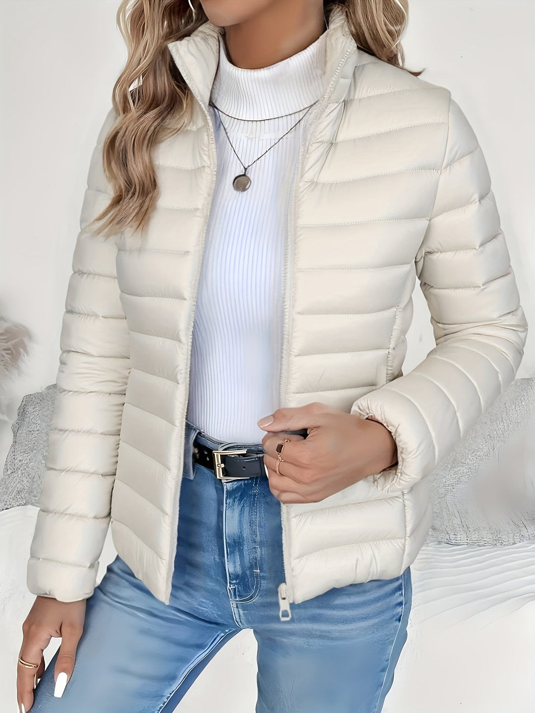 Everyday women's winter jacket, featuring a warm, lightweight quilted puffer with a sleek stand collar.