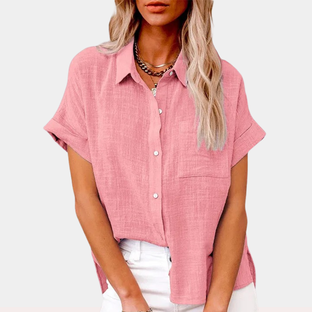 Women's lightweight short-sleeve shirt with a front pocket, perfect for summer casual wear and everyday comfort.