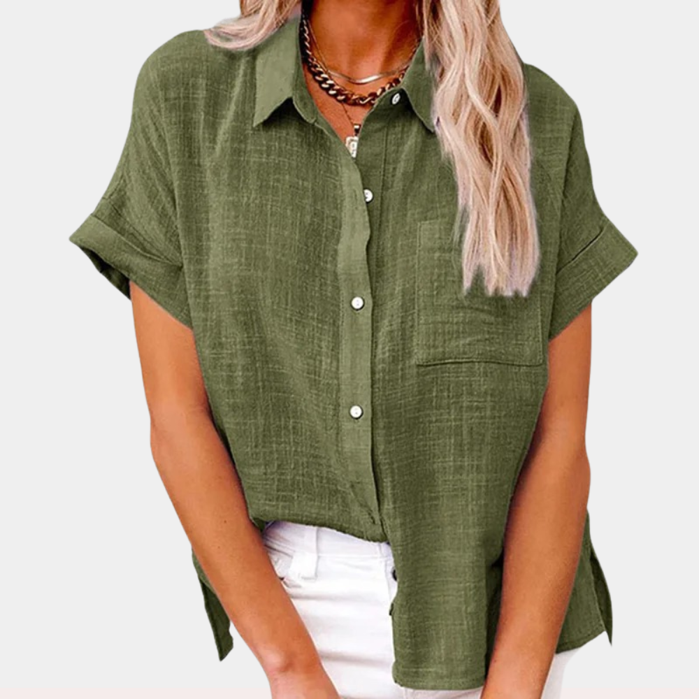 Comfortable women's short sleeve blouse with a relaxed fit & button front, ideal for warm weather style.