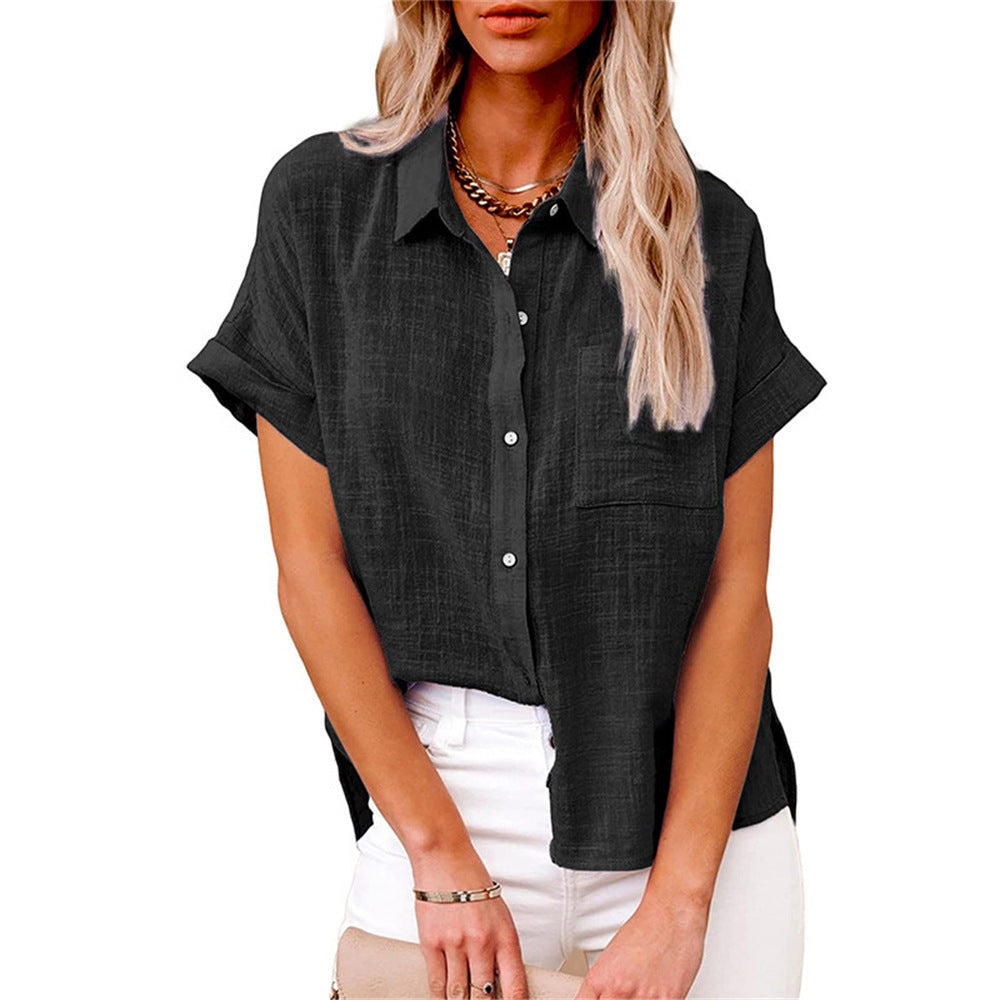 Casual women's summer top: lightweight, short-sleeve design with a practical chest pocket & button-up front.