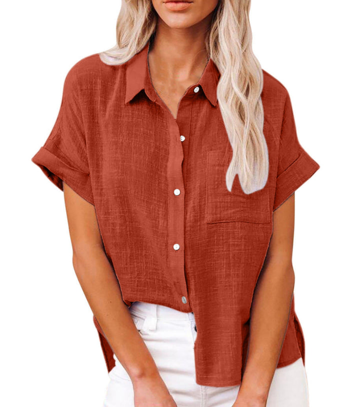 Versatile women's lightweight shirt, short-sleeved with a chest pocket, great for everyday relaxed wear.