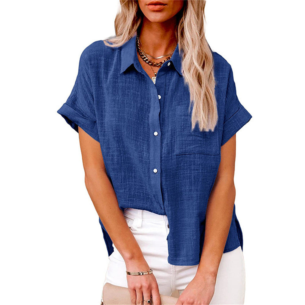 Stylish women's short-sleeve button-front shirt, featuring a lightweight fabric & single pocket detail.