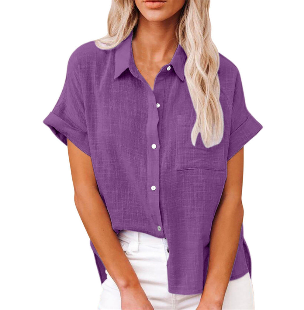 Relaxed fit women's lightweight shirt with short sleeves, a button front, and a practical pocket for summer.