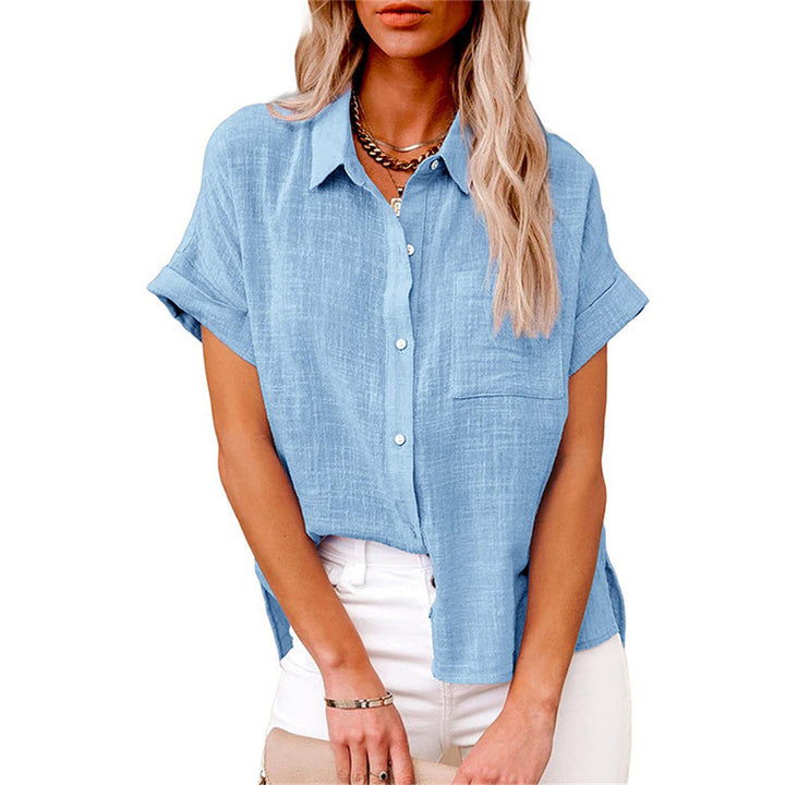 Chic women's casual shirt: short-sleeve, lightweight, button-up, and featuring a versatile front pocket.
