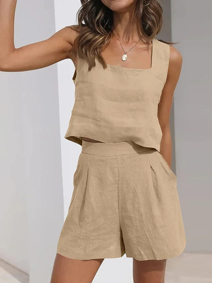 Women's lightweight sleeveless matching crop top & shorts set, perfect for beachwear & summer casual outfits.