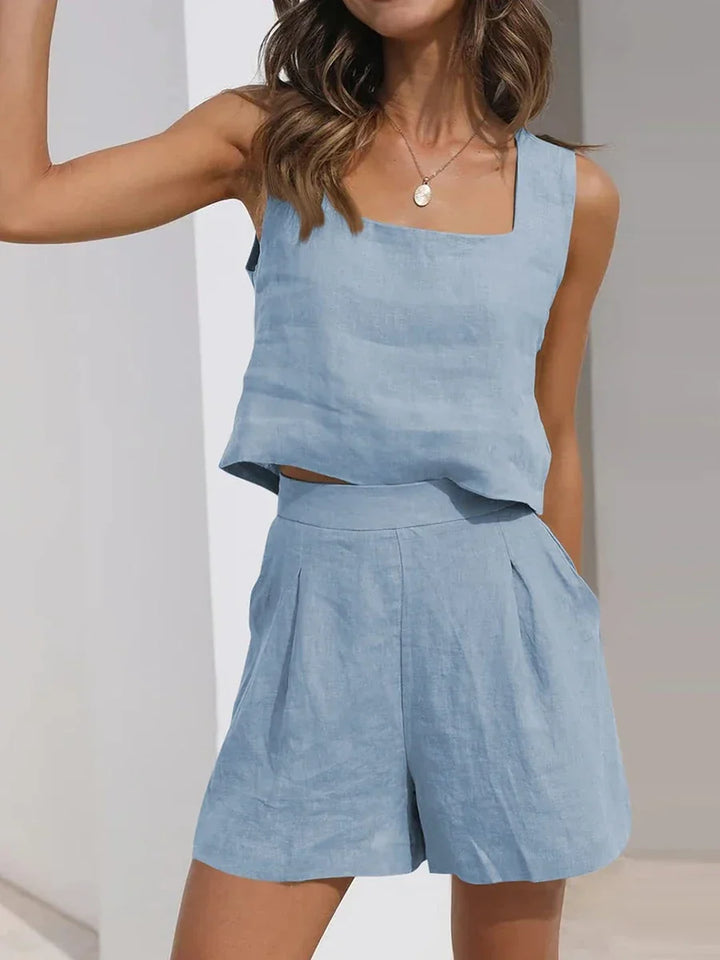 Square neck sleeveless crop top & elastic waist shorts. Chic women's lightweight two-piece summer outfit set.