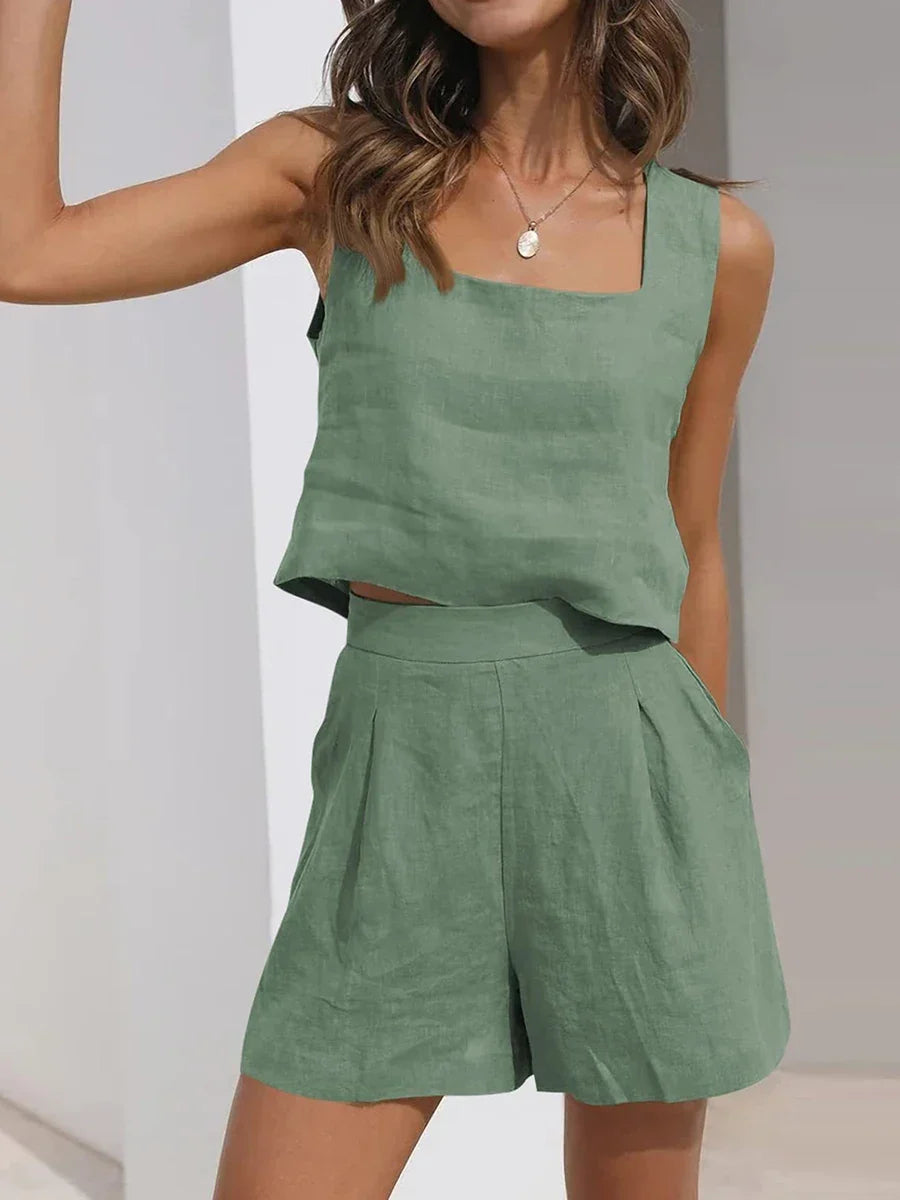 Lightweight women's crop top and shorts matching set. A comfortable, sleeveless two-piece for summer vacation.
