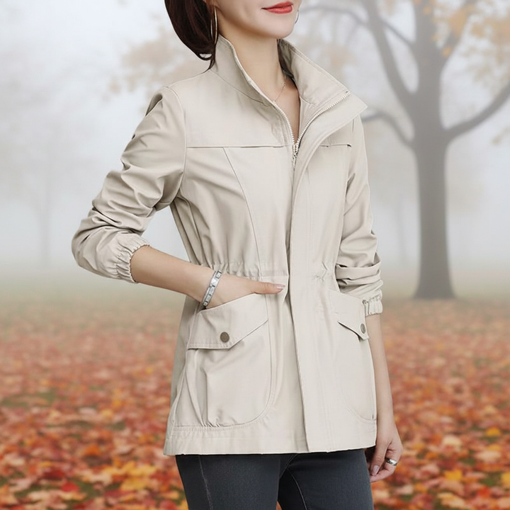Women's lightweight transitional jacket with stand-up collar, perfect for spring & autumn casual wear.