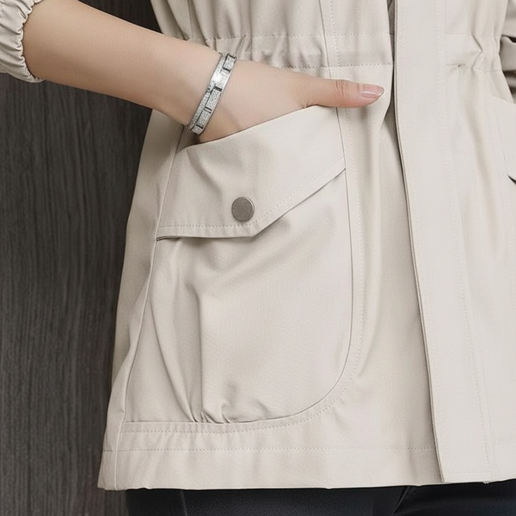 Versatile women's lightweight transitional jacket with stand-up collar, great for everyday casual outerwear.