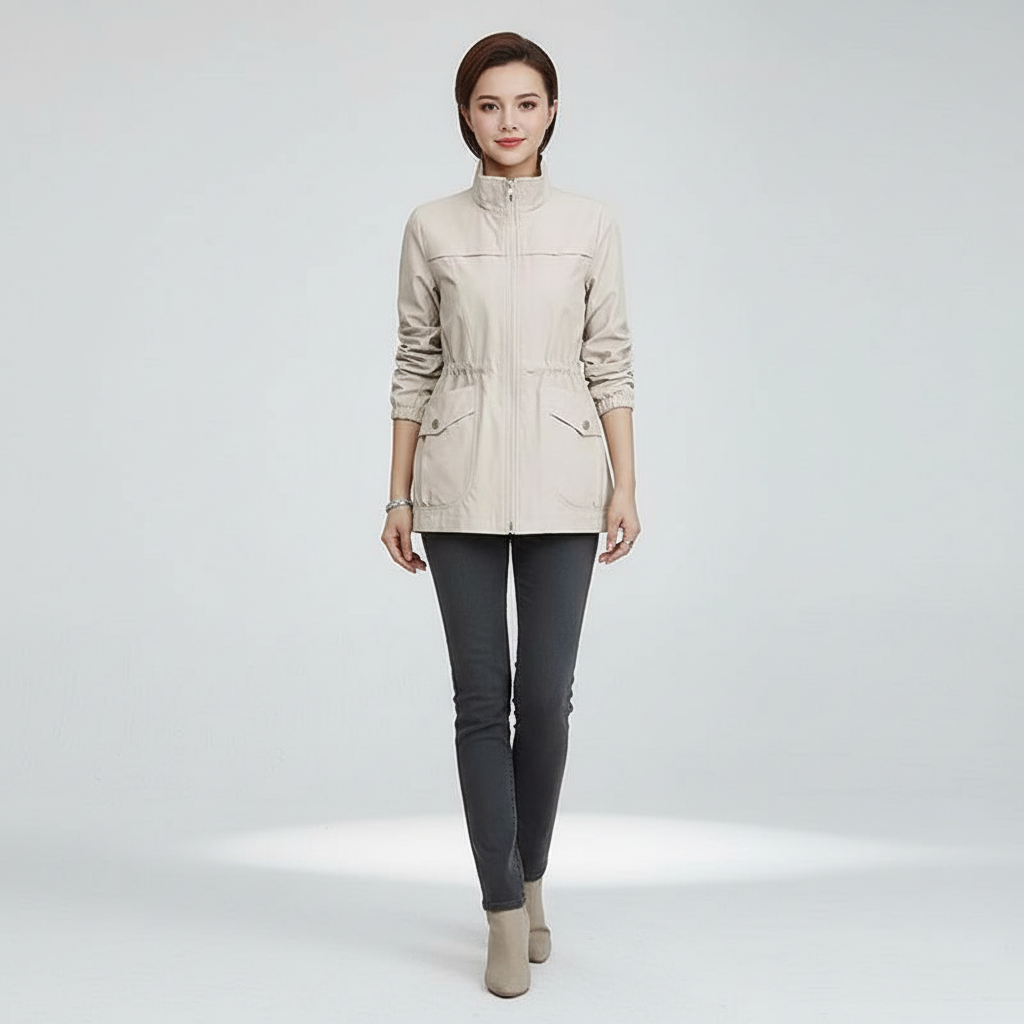 Zip-front women's lightweight transitional jacket with a chic stand-up collar, ideal for spring & autumn style.
