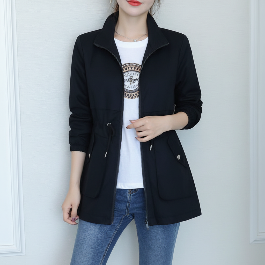 Flora women's lightweight transitional jacket with stand-up collar. Perfect for autumn & spring everyday fashion.