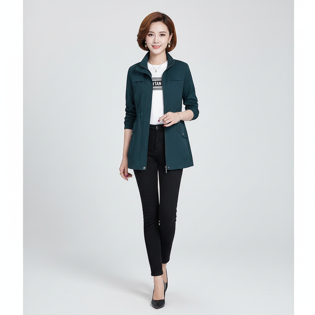 Comfortable women's lightweight jacket with stand-up collar for versatile everyday transitional wear.
