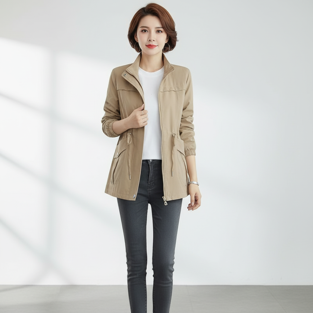 Flora women's lightweight transitional jacket with a stand-up collar. Essential spring & autumn outerwear.