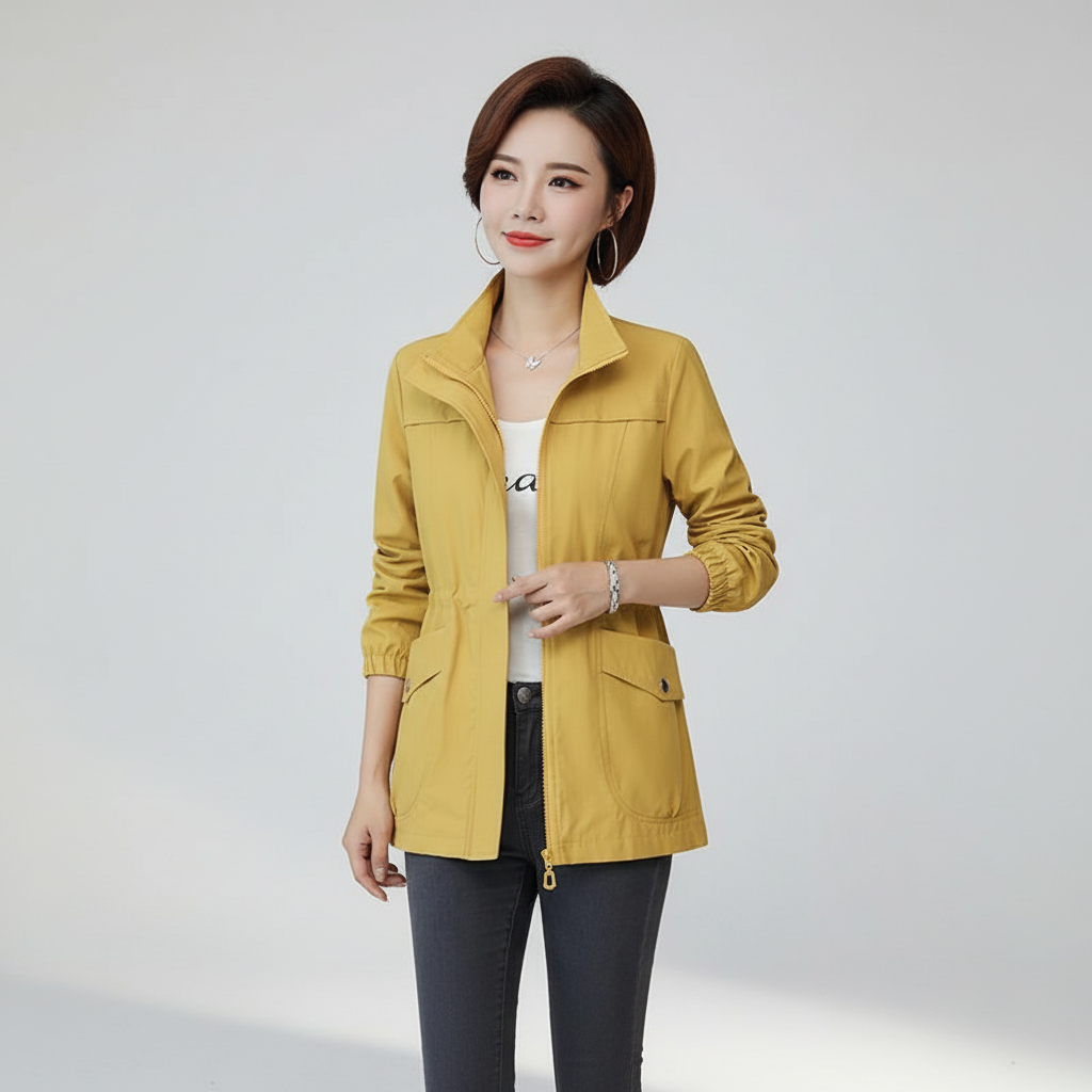 Elegant women's lightweight transitional jacket featuring a stand-up collar. Perfect for versatile spring-autumn layering.