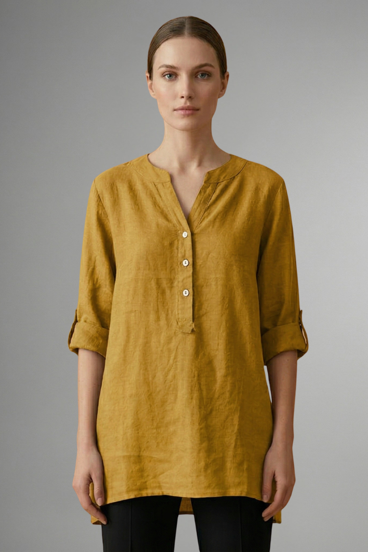Casual women's button-front linen shirt with roll-up sleeves & V-neck. A chic loose fit everyday top.