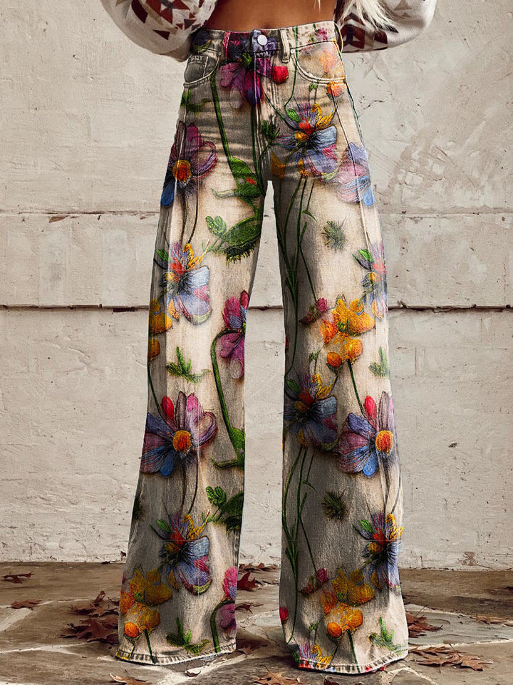 Floral patterned baggy jeans for women, loose fit and vibrant summer style.