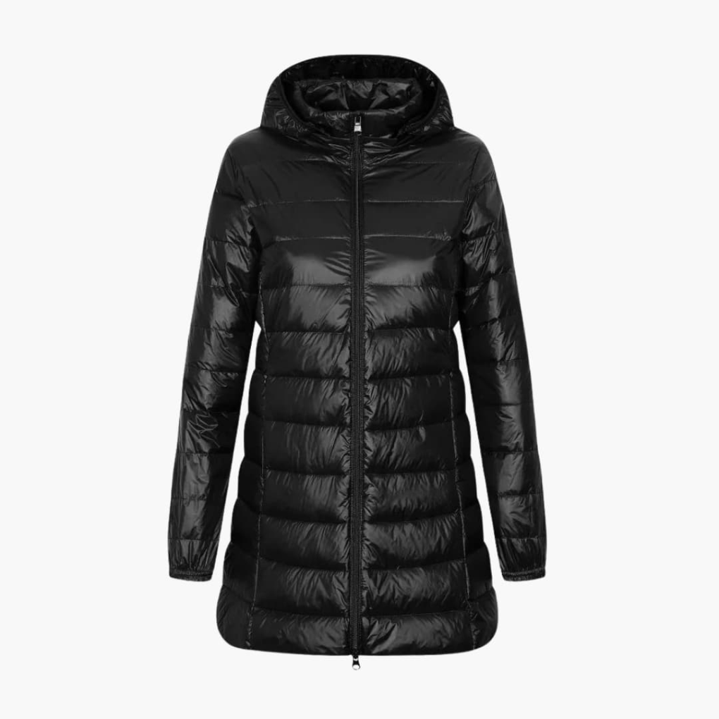 Women's long hooded puffer winter jacket. Ideal for cold weather, offering warmth & style. Cozy quilted design.