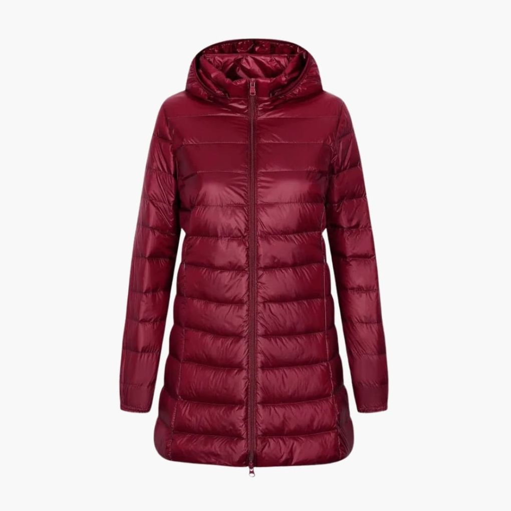 Stylish women's long puffer coat with hood, perfect for everyday cold weather. Warm, quilted winter outerwear.