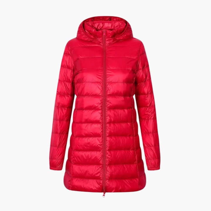 Long women's hooded puffer winter jacket. Quilted design ensures warmth & comfort in cold weather. Stylish outerwear.