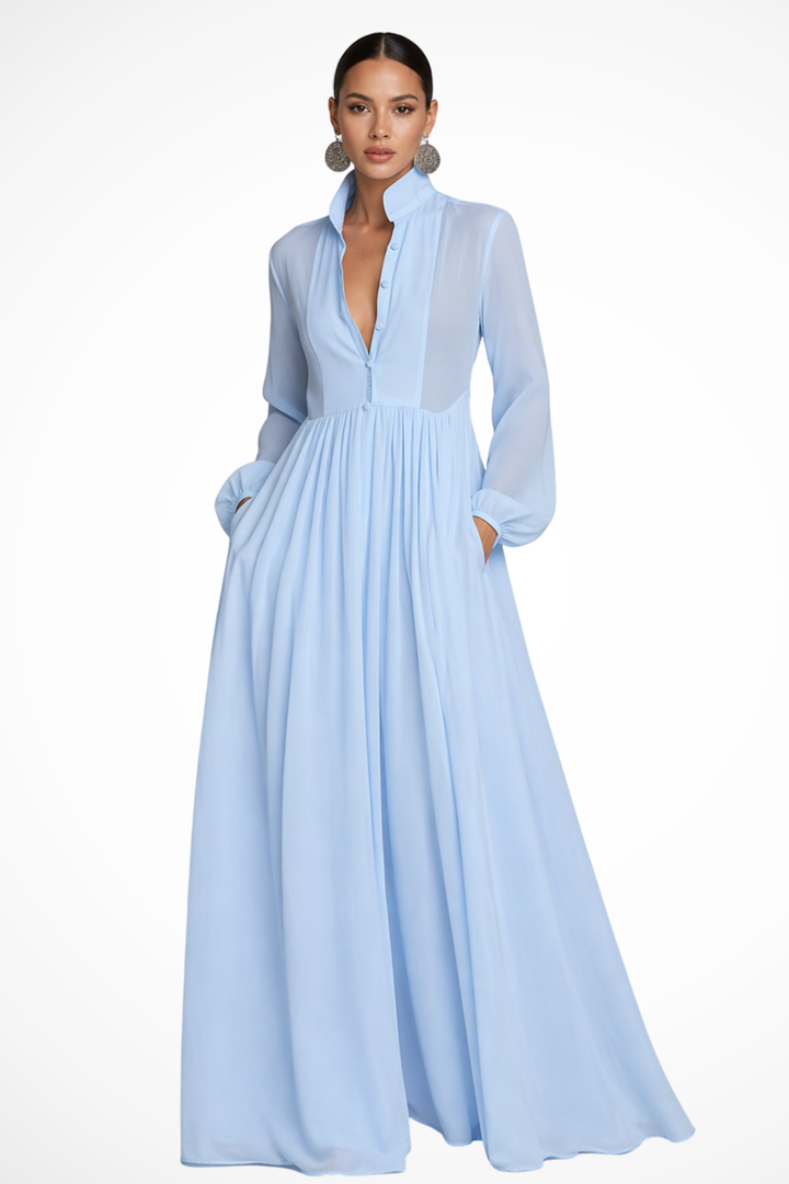 Women's long sleeve button front maxi dress with pockets, ideal for elegant casual spring & summer wear.