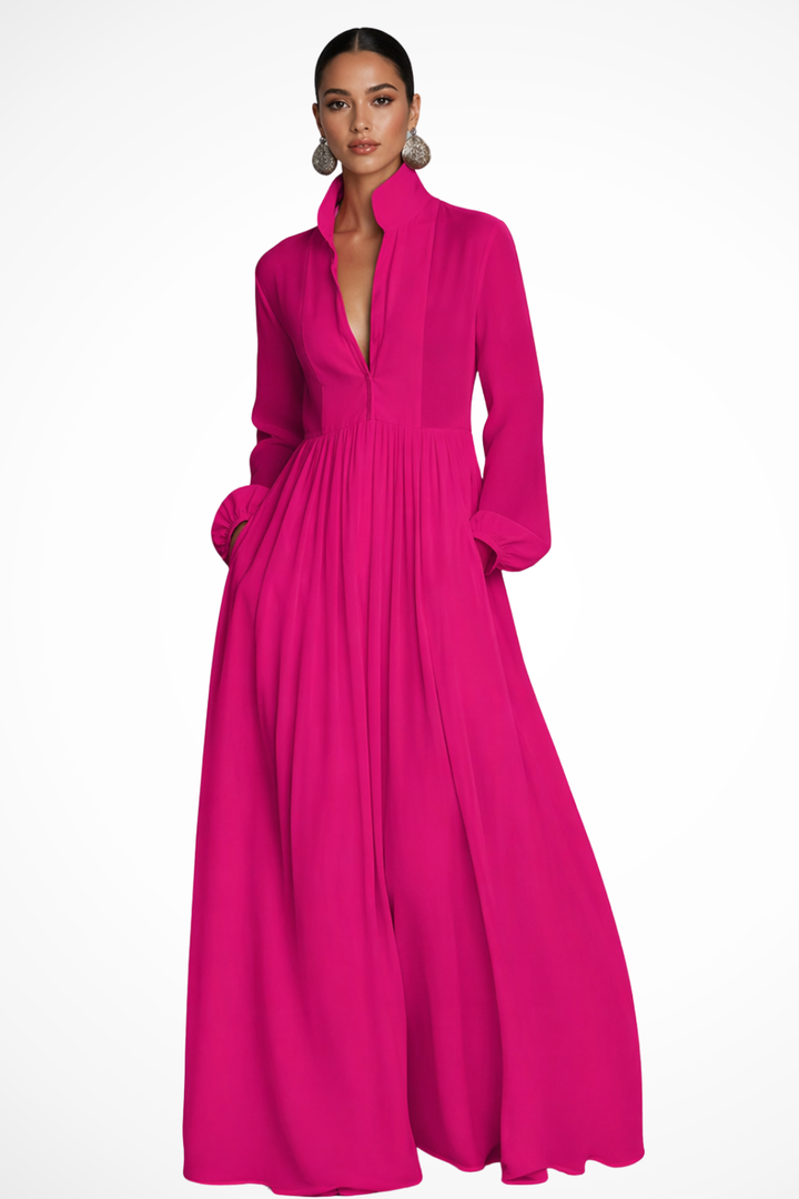 Flowy women's long sleeve maxi dress, button front, relaxed fit, perfect for versatile spring & summer fashion.