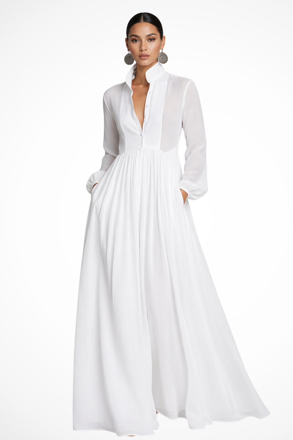Stylish women's long sleeve button front maxi dress with pockets, suitable for casual or party wear.