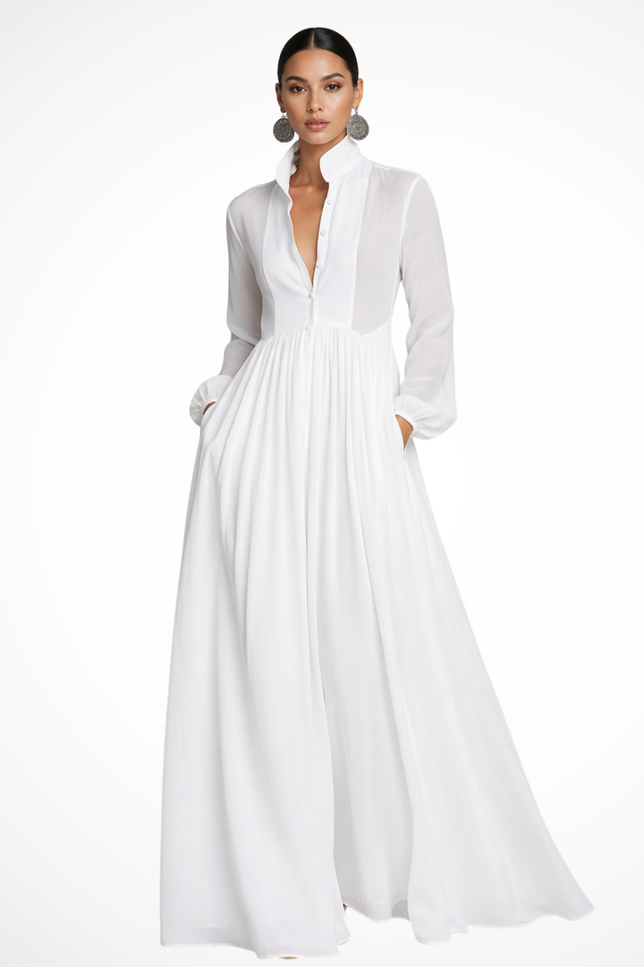 Stylish women's long sleeve button front maxi dress with pockets, suitable for casual or party wear.