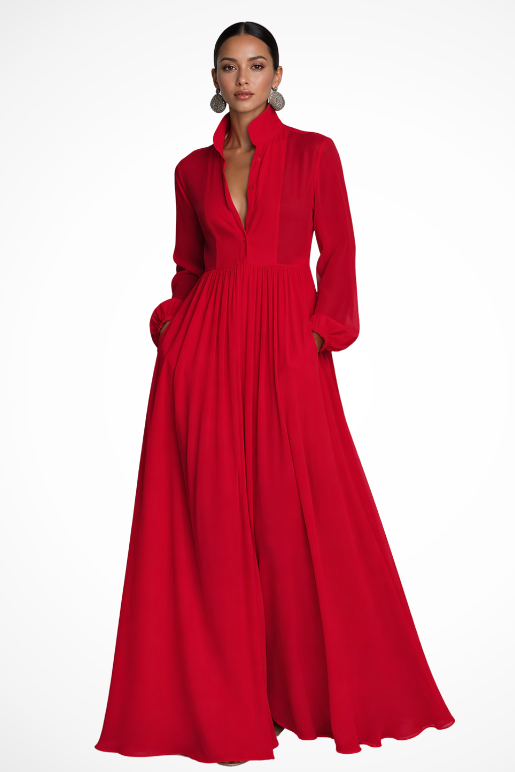 Comfortable women's long sleeve maxi dress, button front, with practical pockets for everyday wear.