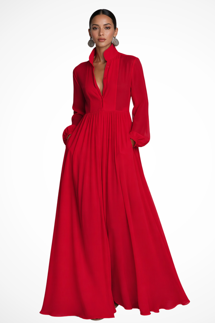 Comfortable women's long sleeve maxi dress, button front, with practical pockets for everyday wear.