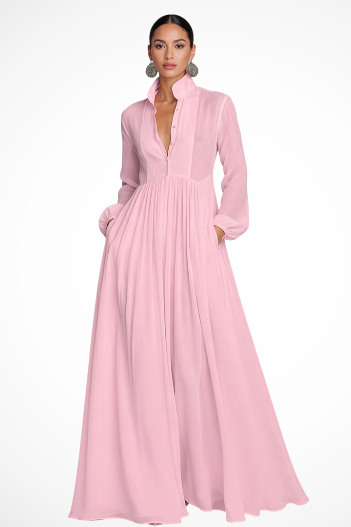 Elegant women's long sleeve button front maxi dress, relaxed fit for spring & summer style.